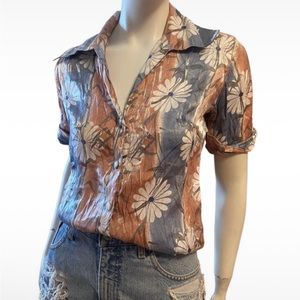 Vintage Y2K Floral Print Satin Folded Sleeve Button Down Blouse Sz PS